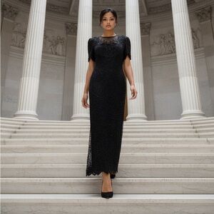 Denise Elle Vintage Elegant Black Evening Gown with sequins and bugle beads